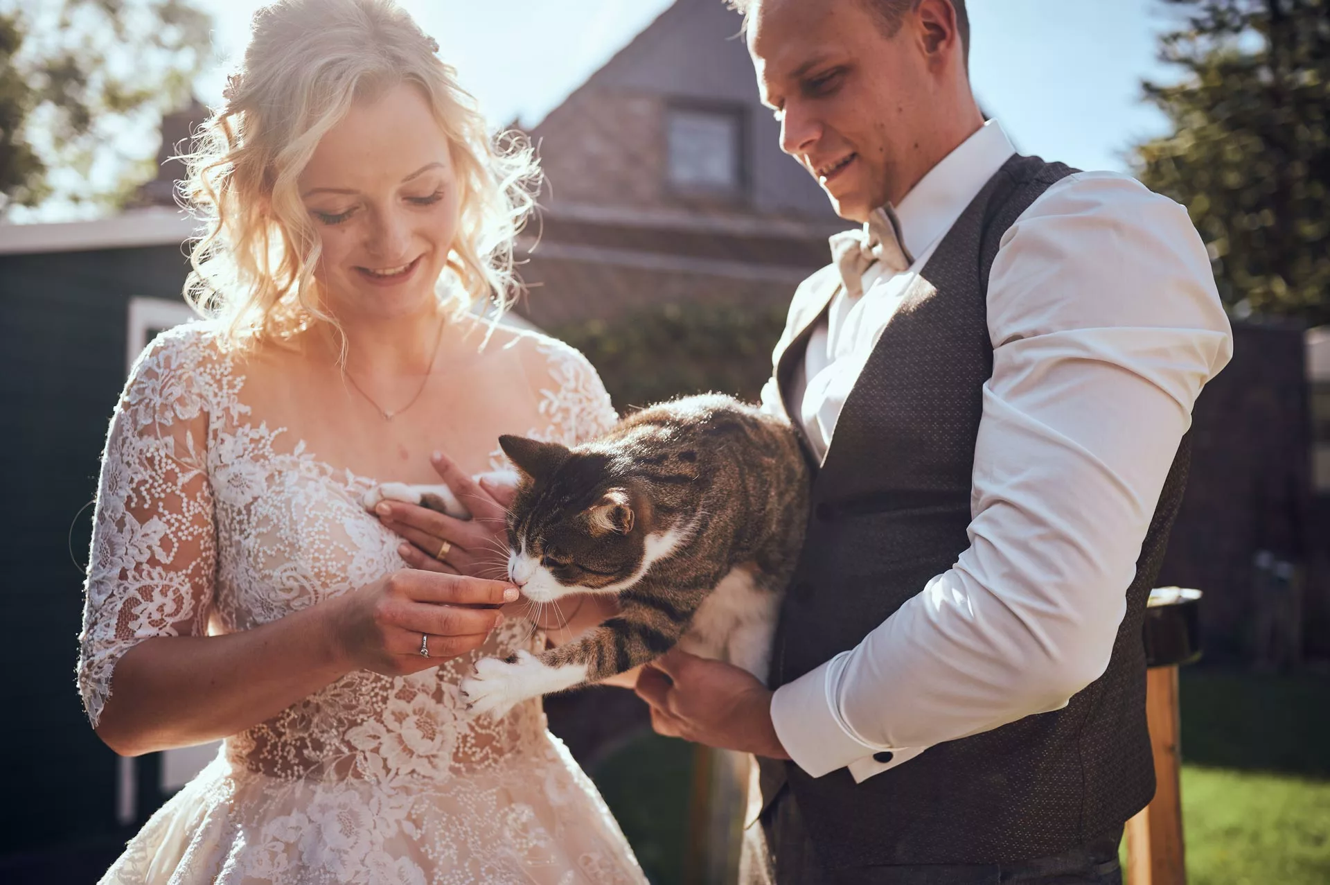 Braut und Bräutigam mit Katze