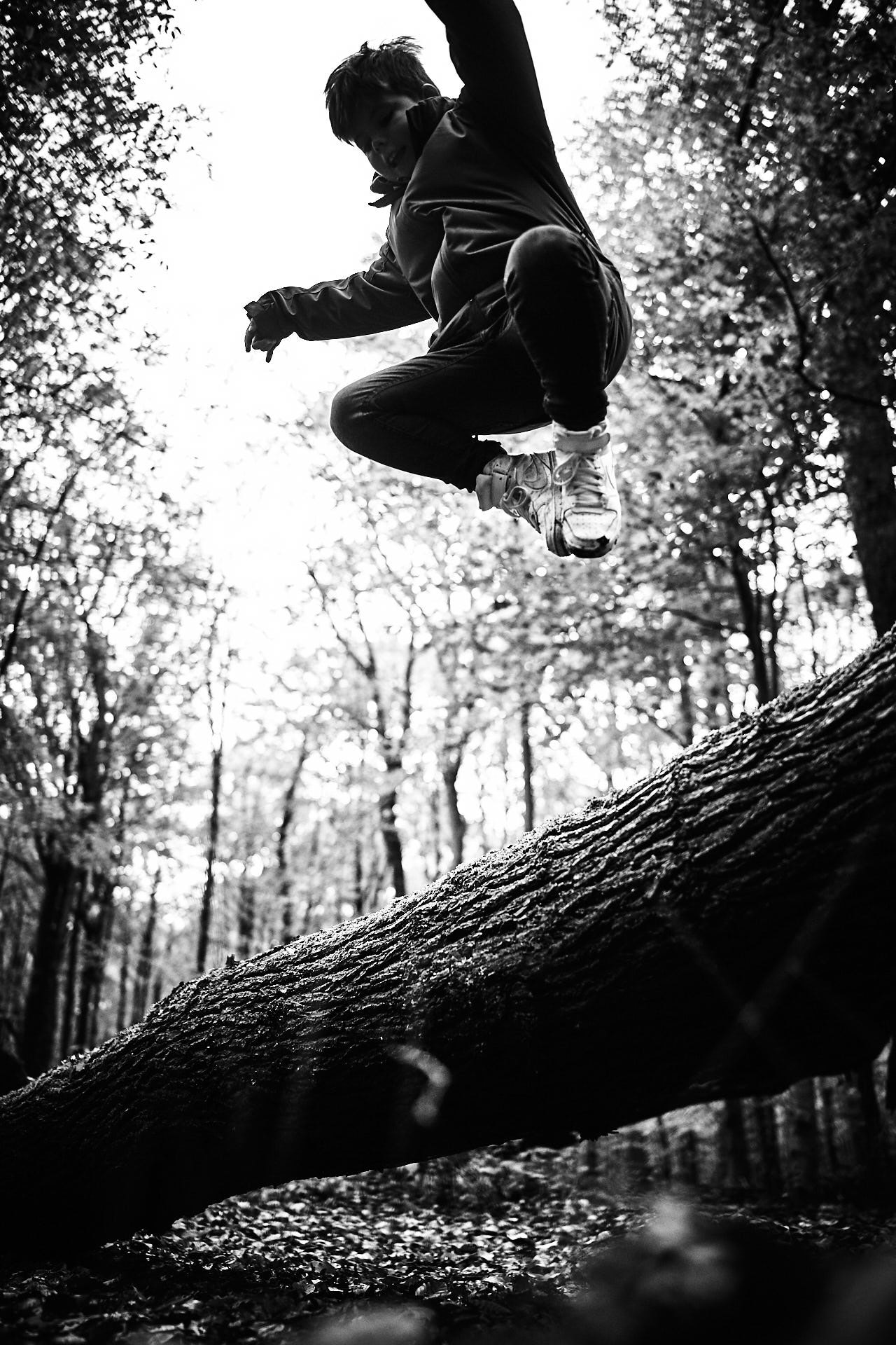 Kind springt über Baumstamm